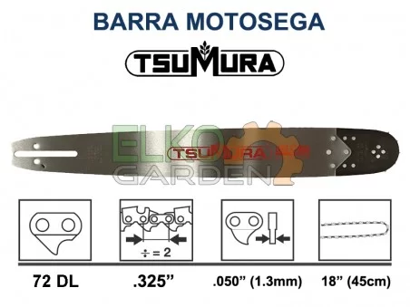 Barra / Lama 18 - 45 cm Catena Motosega 72 Maglie - Passo 325